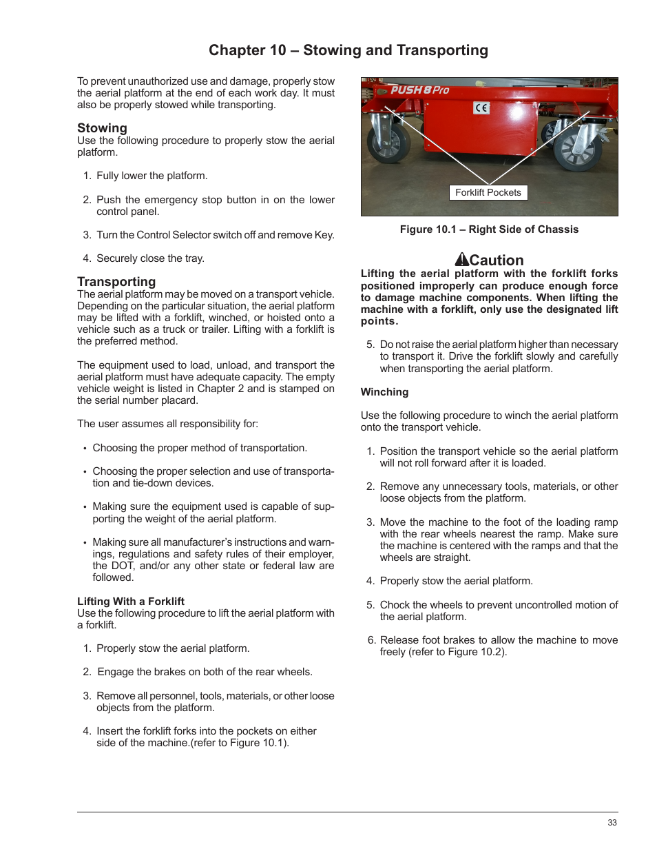 Chapter 10 – stowing and transporting, Caution | Snorkel PUSH 10 PRO-sn01-000050+ANSI User Manual | Page 37 / 52
