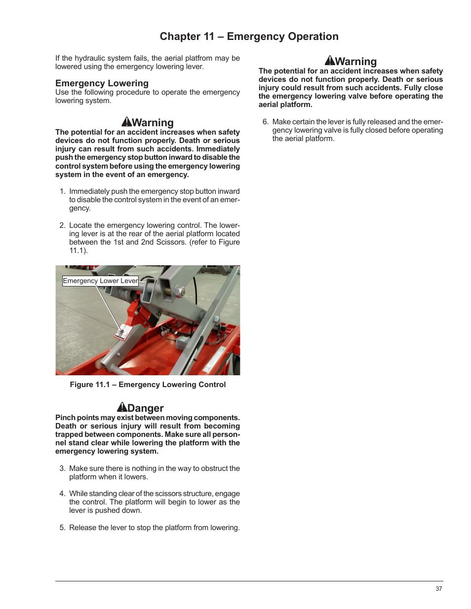 Warning, Danger, Chapter 11 – emergency operation | Snorkel PUSH 10 PRO-sn01-000050+ANSI User Manual | Page 41 / 52