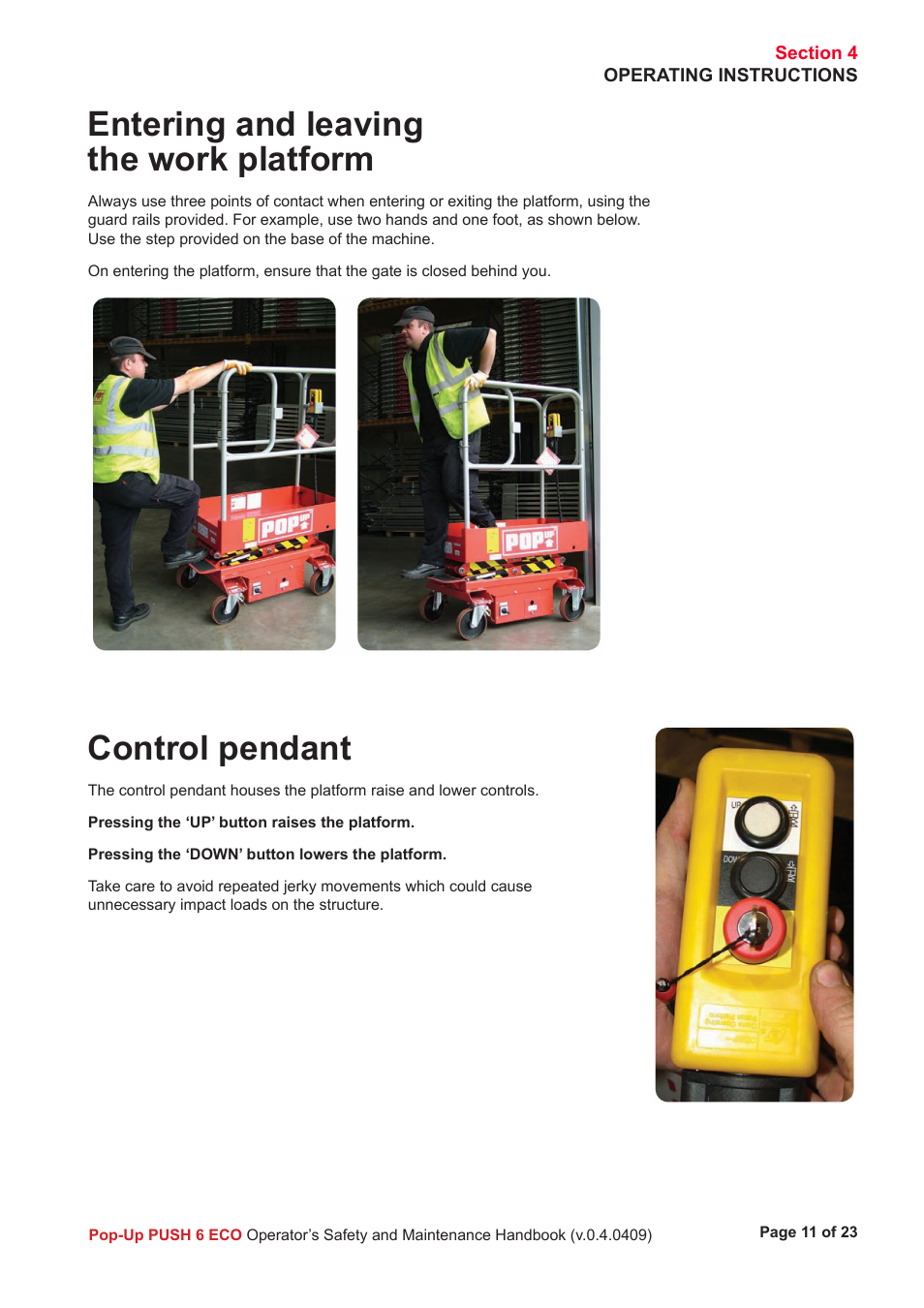 Entering and leaving the work platform, Control pendant | Snorkel PUSH 6 ECO User Manual | Page 12 / 26