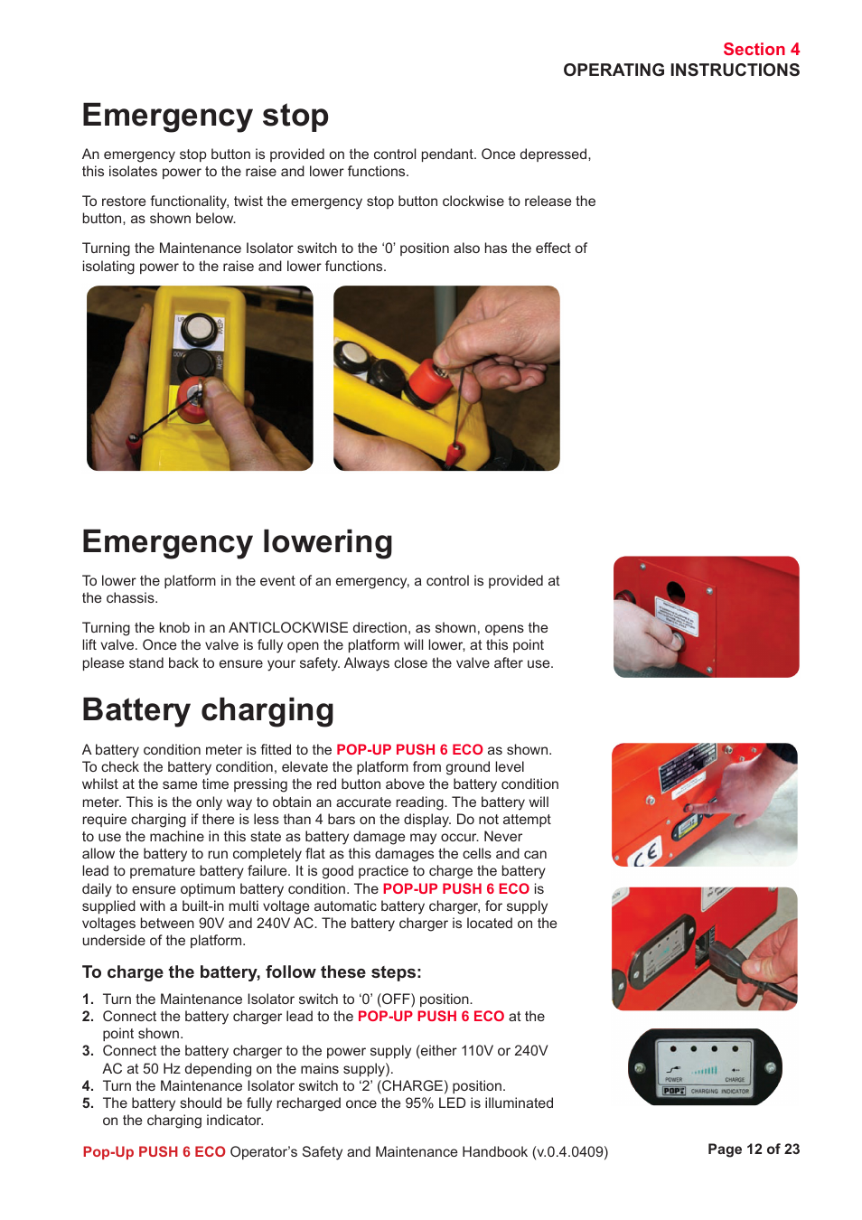 Emergency stop, Emergency lowering, Battery charging | Snorkel PUSH 6 ECO User Manual | Page 13 / 26