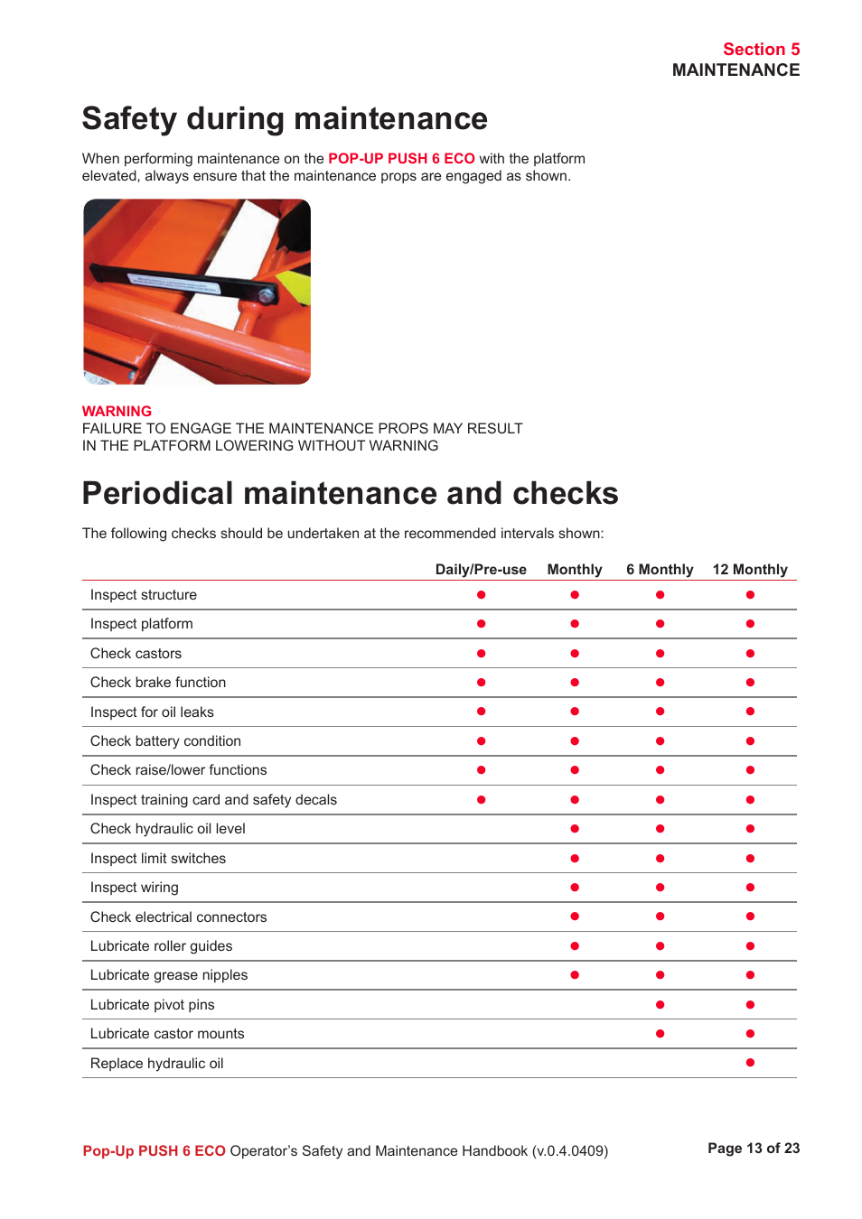 Safety during maintenance, Periodical maintenance and checks | Snorkel PUSH 6 ECO User Manual | Page 14 / 26