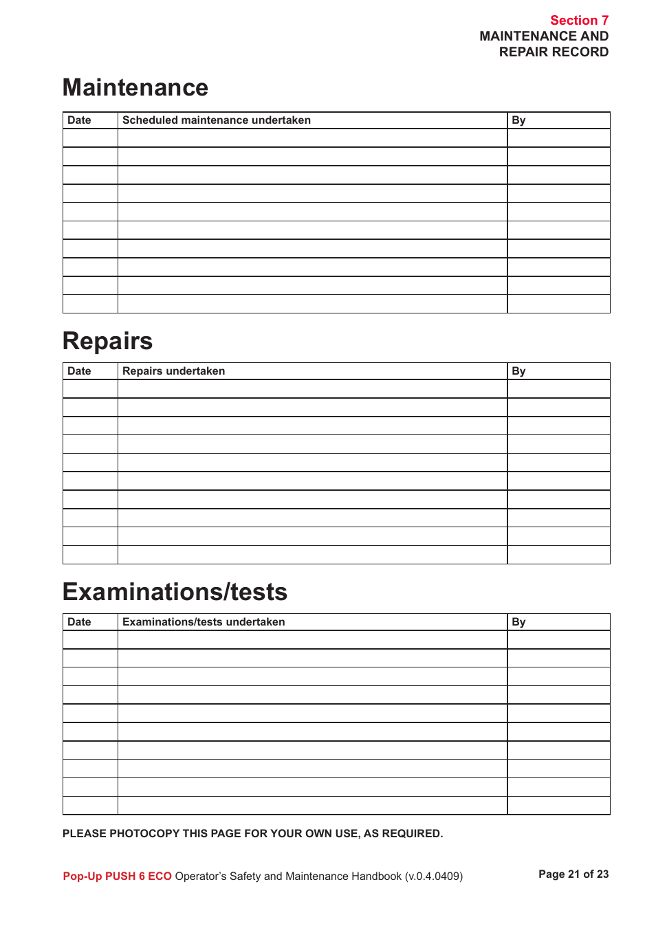 Repairs, Examinations/tests, Maintenance | Snorkel PUSH 6 ECO User Manual | Page 22 / 26