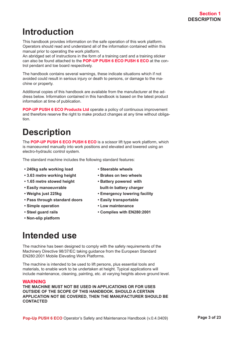 Introduction, Description, Intended use | Snorkel PUSH 6 ECO User Manual | Page 4 / 26