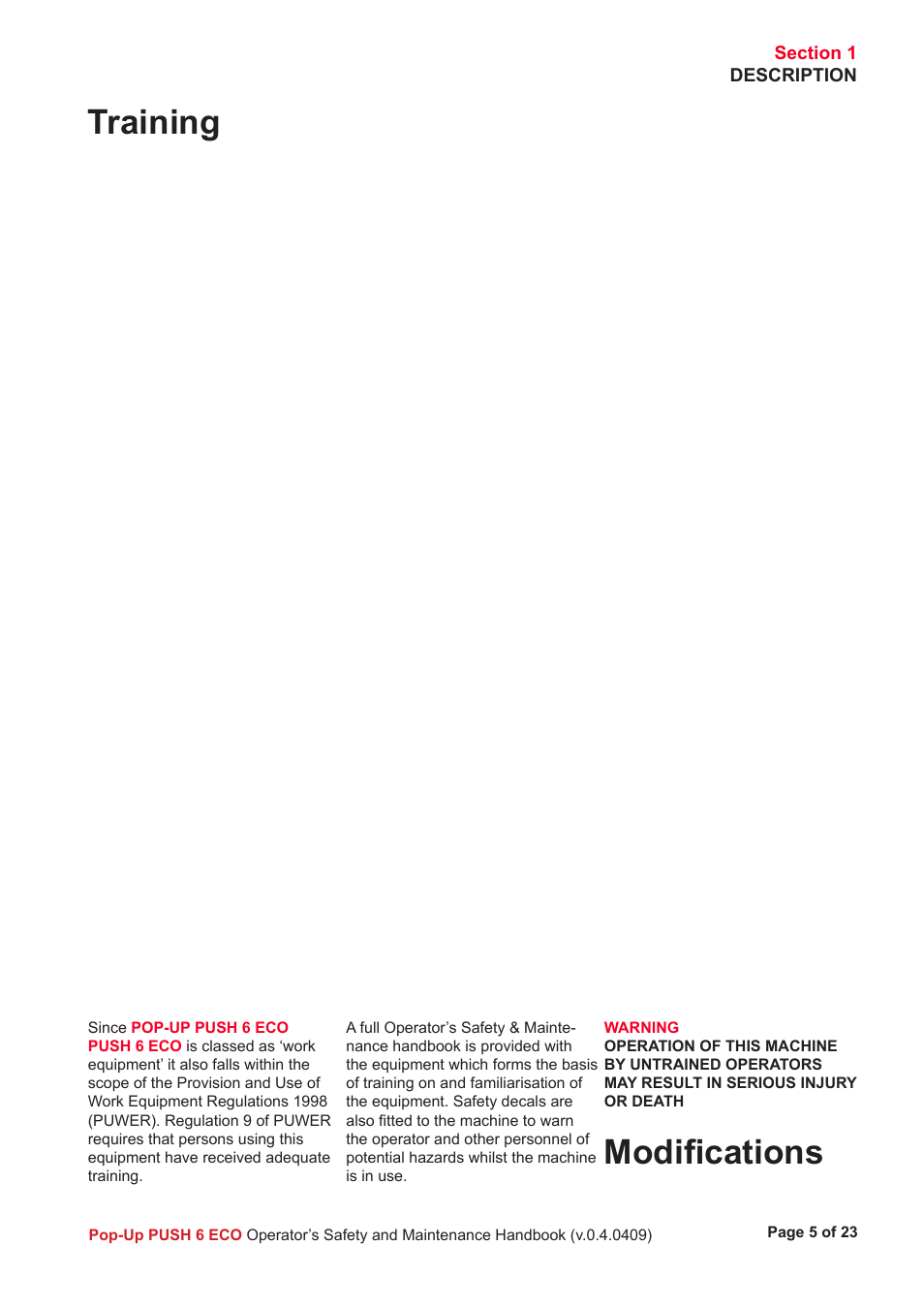 Training, Modiﬁcations | Snorkel PUSH 6 ECO User Manual | Page 6 / 26