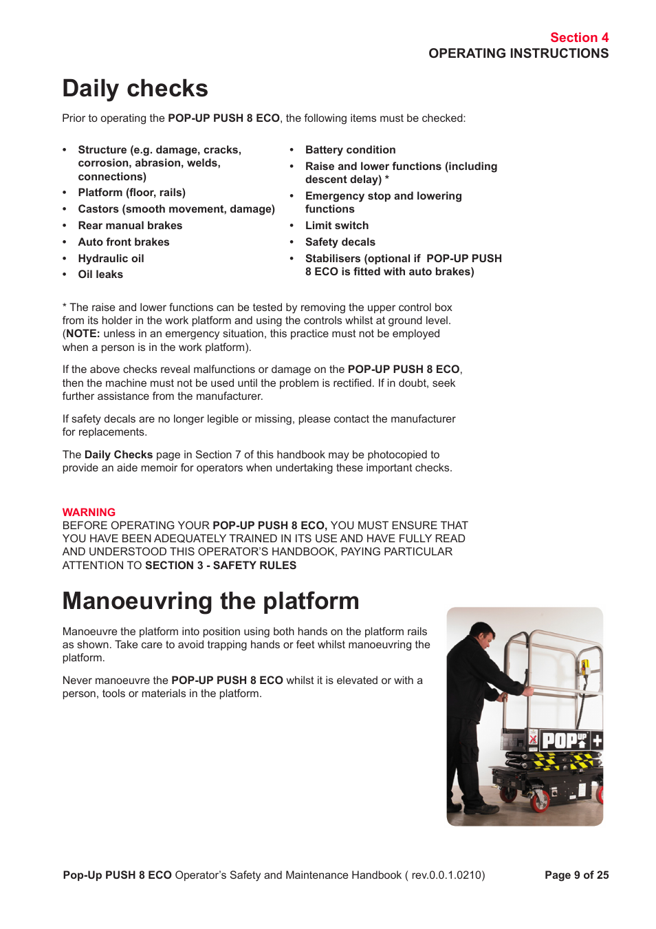 Daily checks, Manoeuvring the platform | Snorkel PUSH 8 ECO8 User Manual | Page 10 / 28