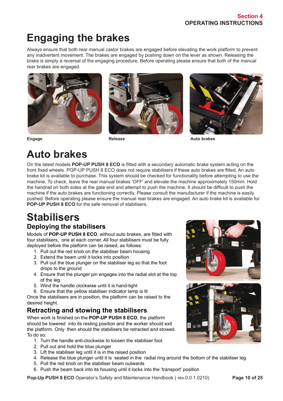 Engaging the brakes, Auto brakes, Stabilisers | Deploying the stabilisers, Retracting and stowing the stabilisers | Snorkel PUSH 8 ECO8 User Manual | Page 11 / 28