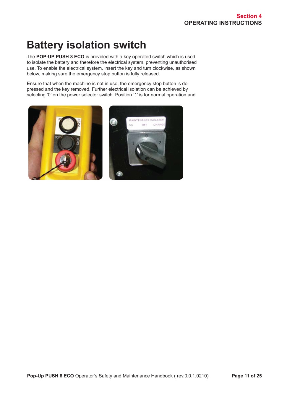 Battery isolation switch | Snorkel PUSH 8 ECO8 User Manual | Page 12 / 28