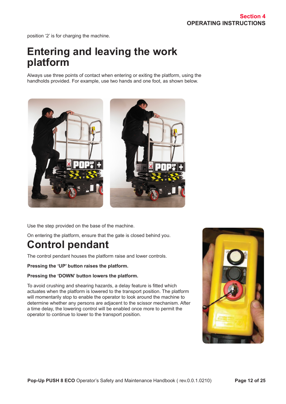 Entering and leaving the work platform, Control pendant | Snorkel PUSH 8 ECO8 User Manual | Page 13 / 28