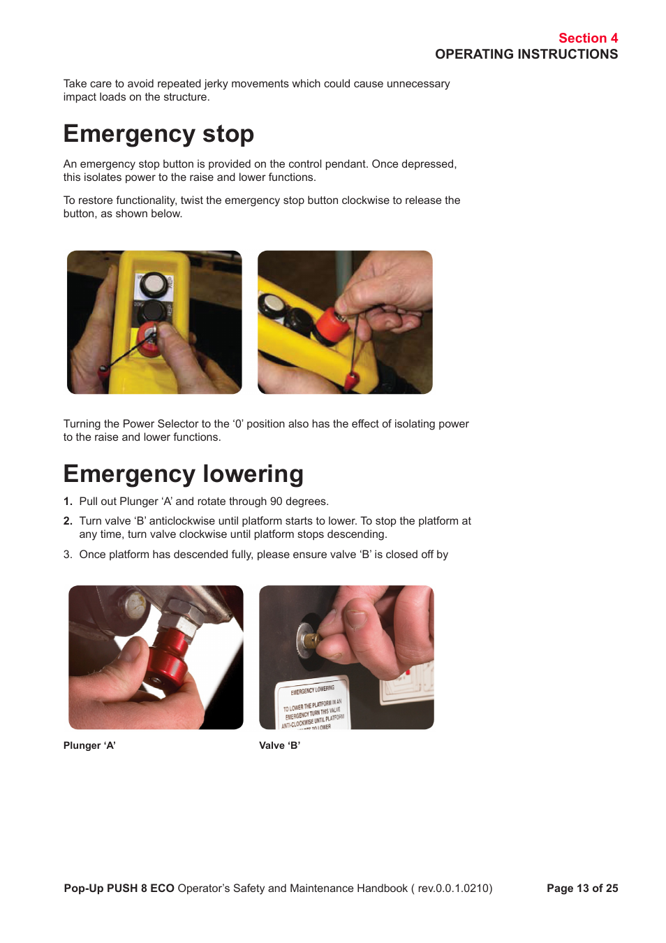 Emergency stop, Emergency lowering | Snorkel PUSH 8 ECO8 User Manual | Page 14 / 28