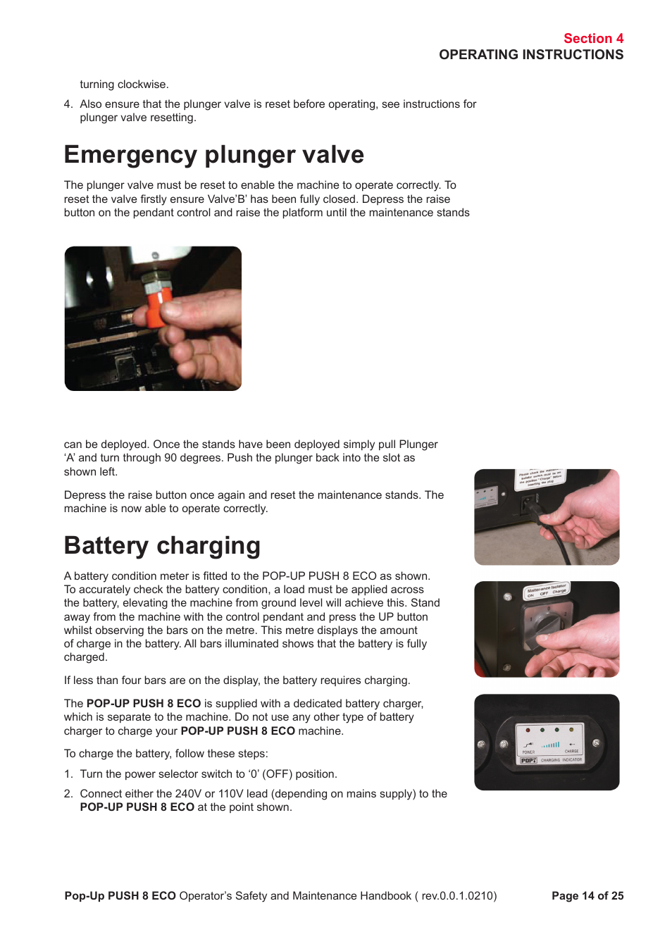 Emergency plunger valve, Battery charging | Snorkel PUSH 8 ECO8 User Manual | Page 15 / 28