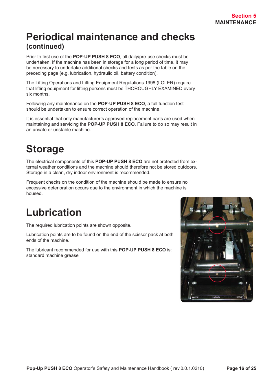 Periodical maintenance and checks, Storage, Lubrication | Continued) | Snorkel PUSH 8 ECO8 User Manual | Page 17 / 28