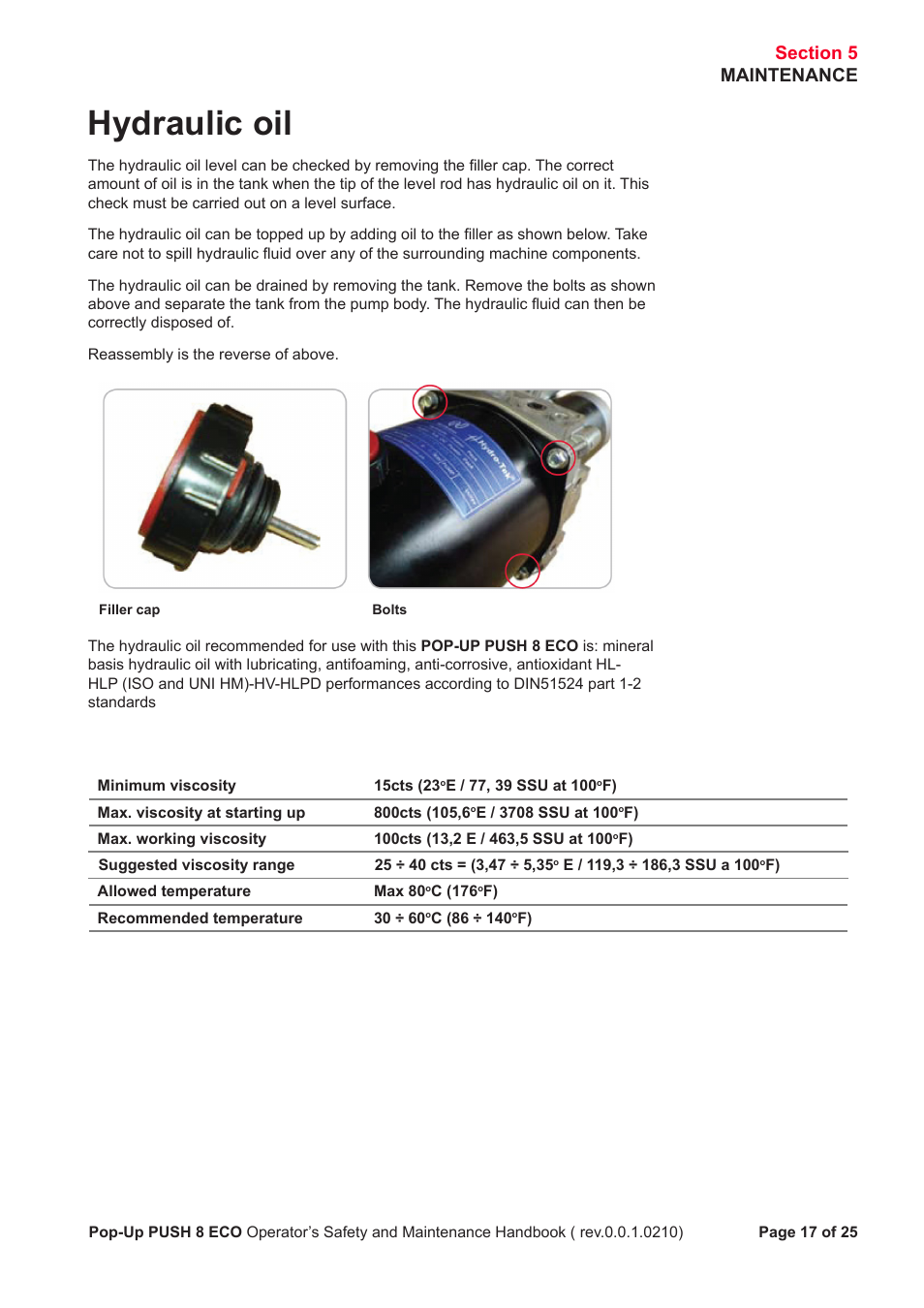 Hydraulic oil | Snorkel PUSH 8 ECO8 User Manual | Page 18 / 28