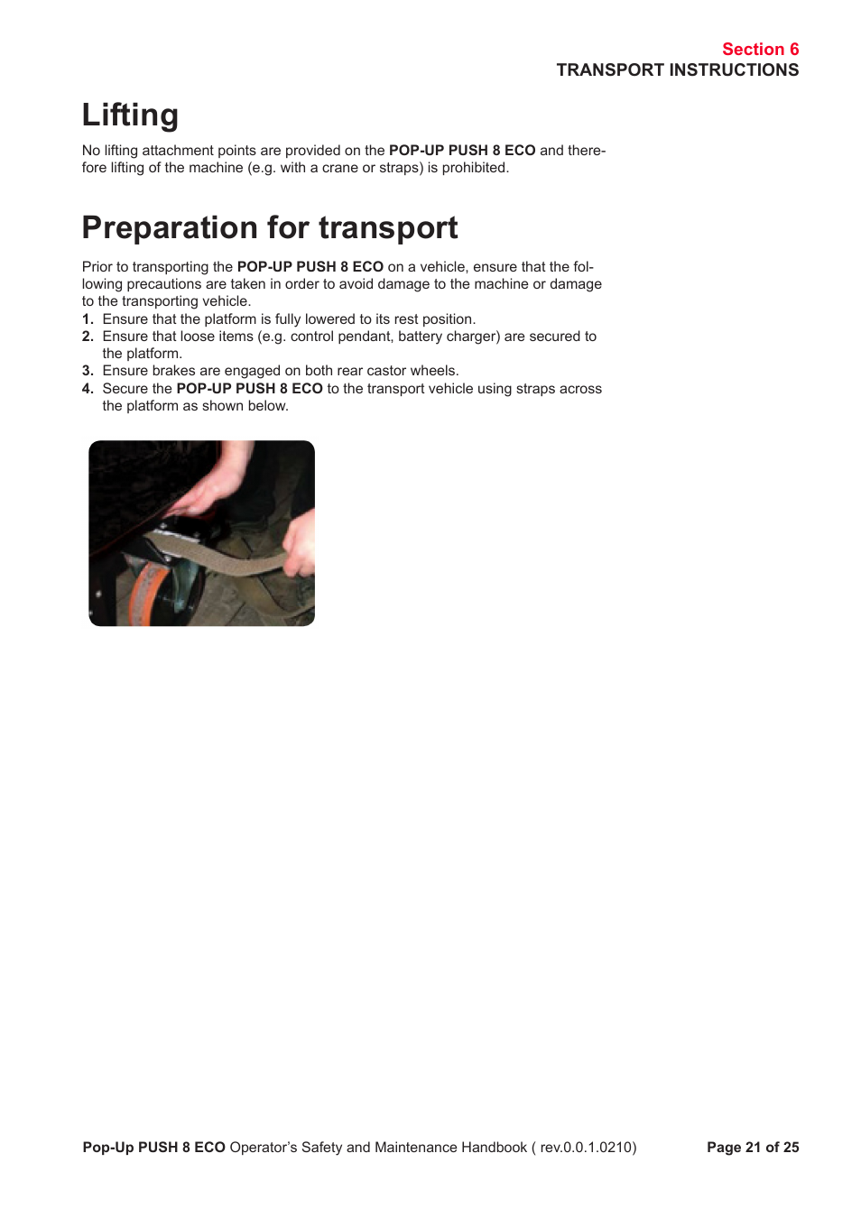 Lifting, Preparation for transport | Snorkel PUSH 8 ECO8 User Manual | Page 22 / 28
