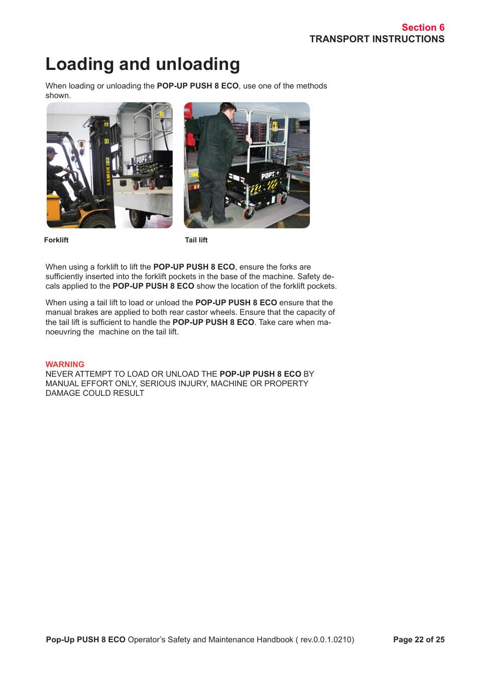 Loading and unloading | Snorkel PUSH 8 ECO8 User Manual | Page 23 / 28