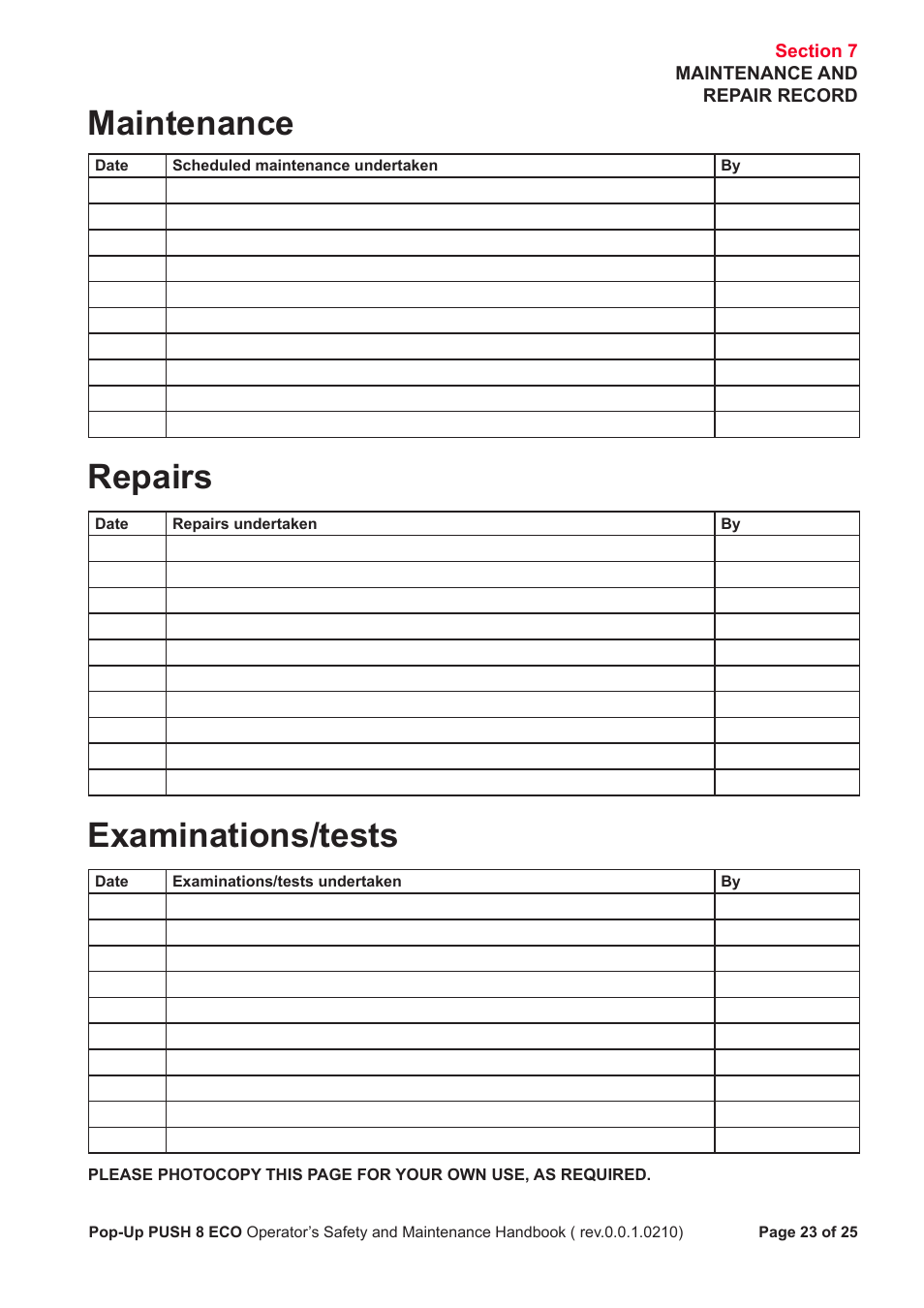 Maintenance, Repairs, Examinations/tests | Snorkel PUSH 8 ECO8 User Manual | Page 24 / 28