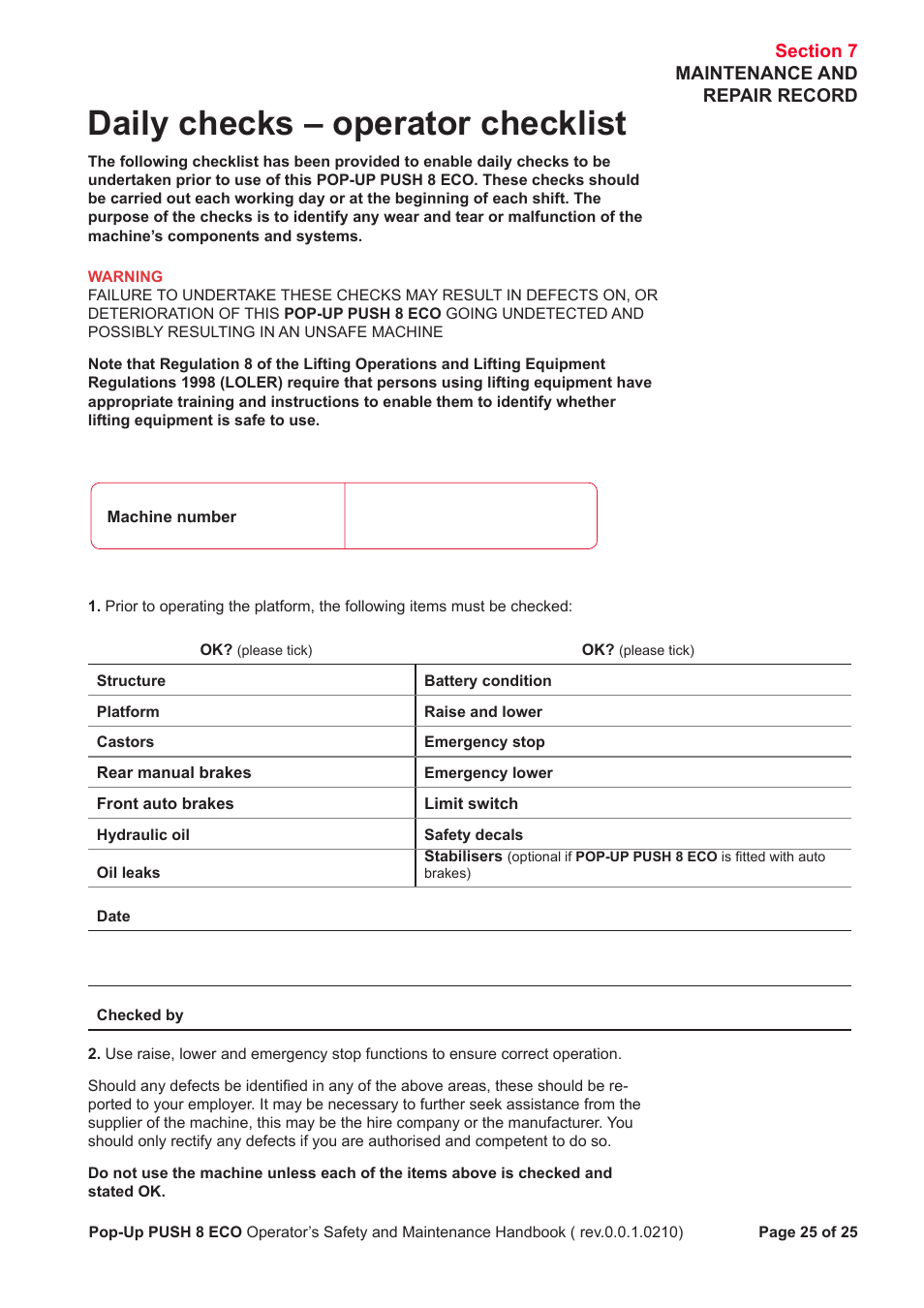Daily checks – operator checklist | Snorkel PUSH 8 ECO8 User Manual | Page 26 / 28