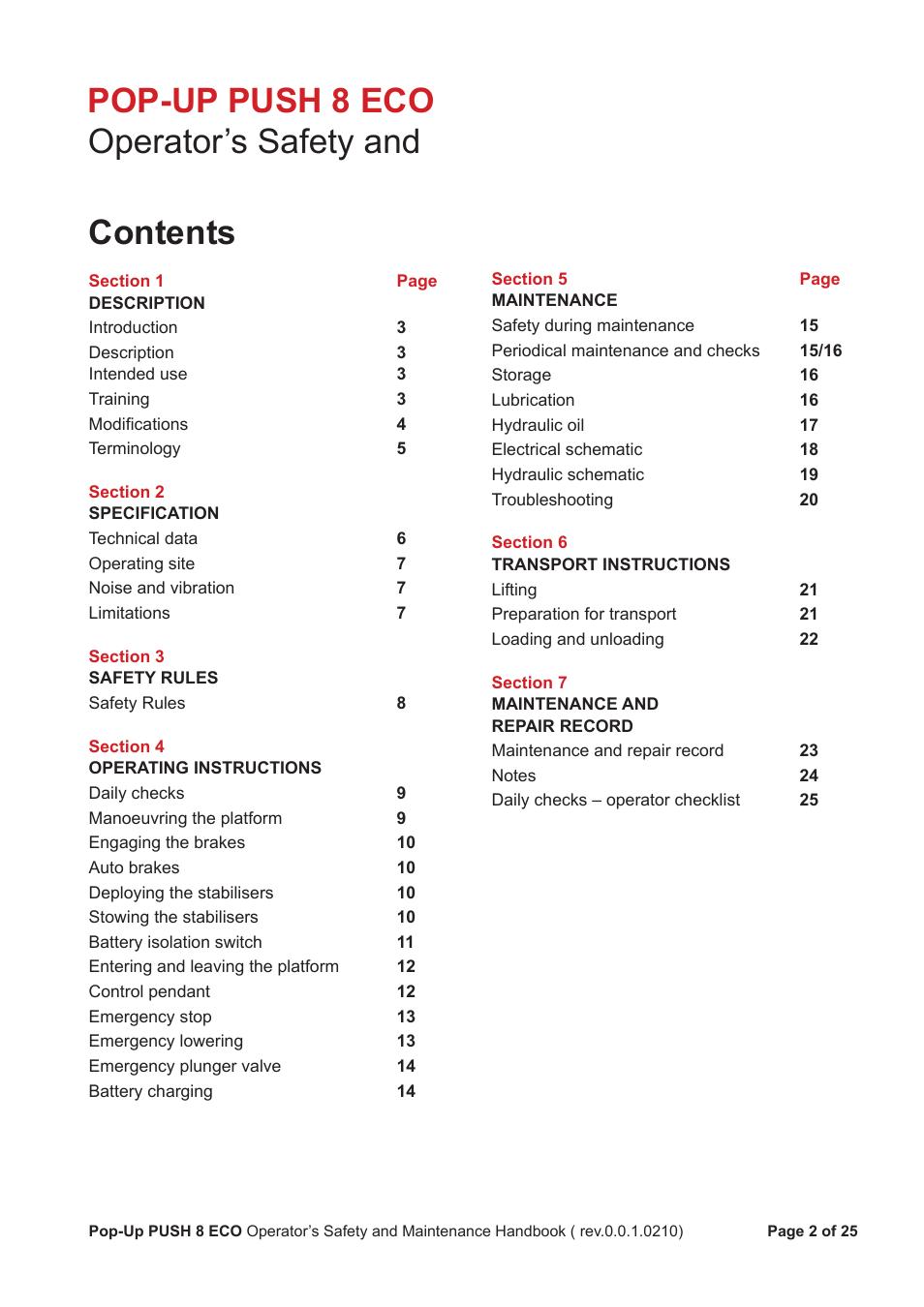 Pop-up push 8 eco operator’s safety and contents | Snorkel PUSH 8 ECO8 User Manual | Page 3 / 28