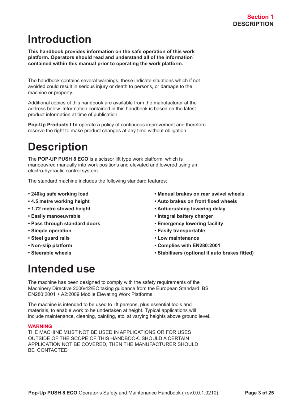 Introduction, Description, Intended use | Snorkel PUSH 8 ECO8 User Manual | Page 4 / 28