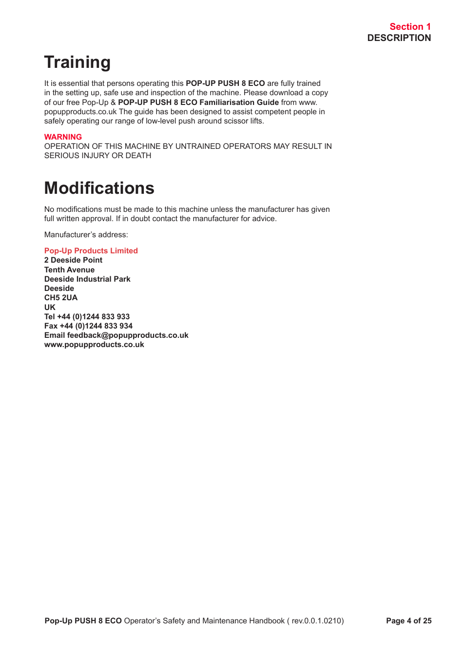 Training, Modifications | Snorkel PUSH 8 ECO8 User Manual | Page 5 / 28