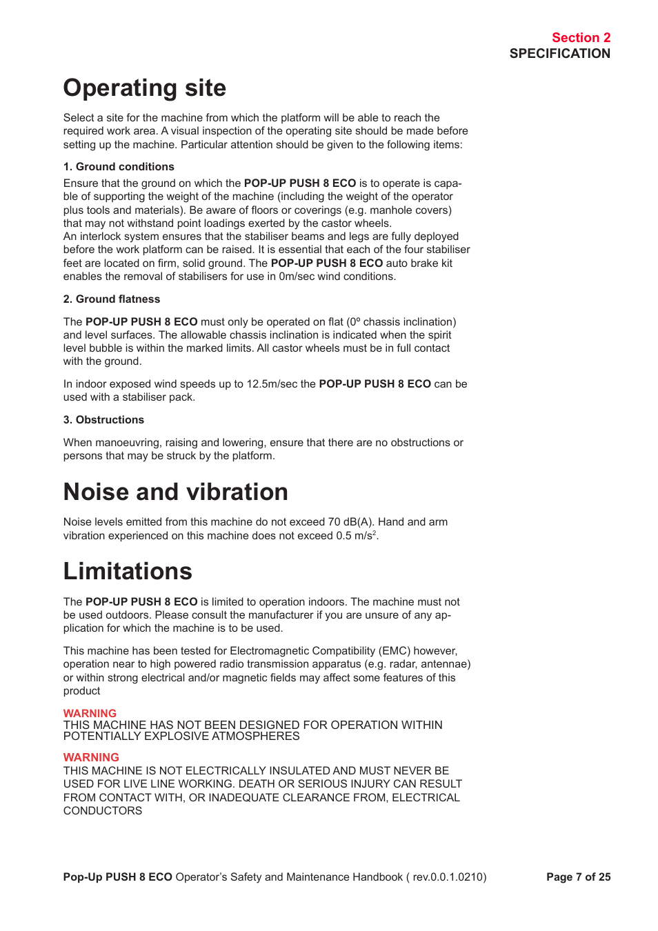 Operating site, Noise and vibration, Limitations | Snorkel PUSH 8 ECO8 User Manual | Page 8 / 28
