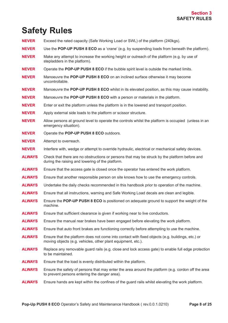 Safety rules | Snorkel PUSH 8 ECO8 User Manual | Page 9 / 28