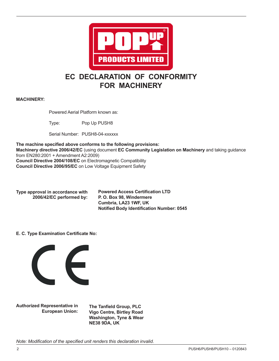 Ec declaration of conformity for machinery | Snorkel PUSH10 User Manual | Page 4 / 22