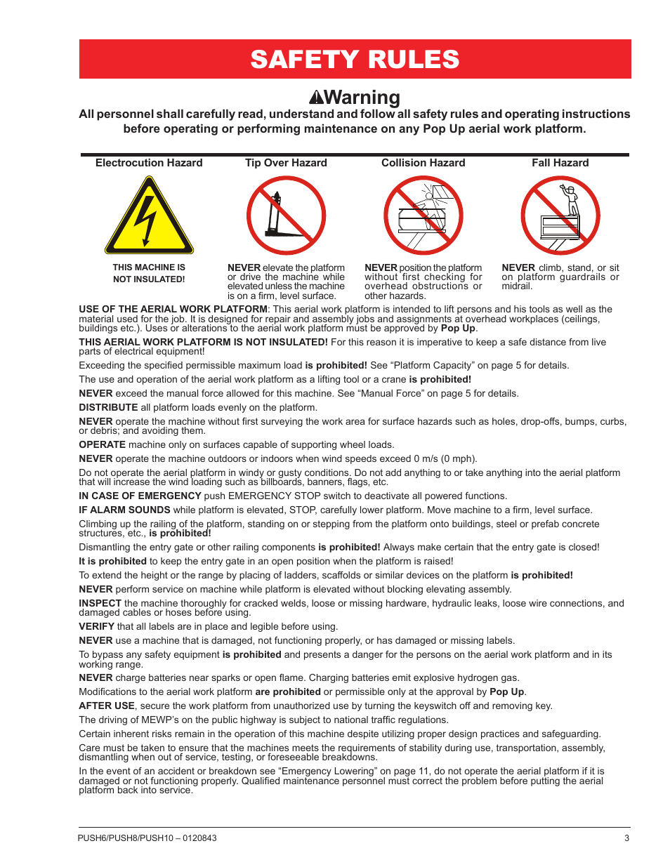 Safety rules, Warning | Snorkel PUSH10 User Manual | Page 5 / 22