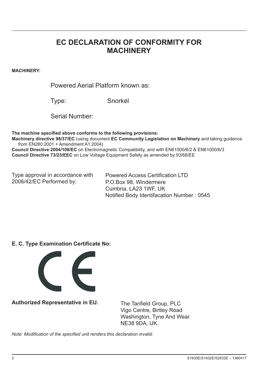 Ec declaration of conformity for machinery | Snorkel S2632E-sn000001 User Manual | Page 4 / 26