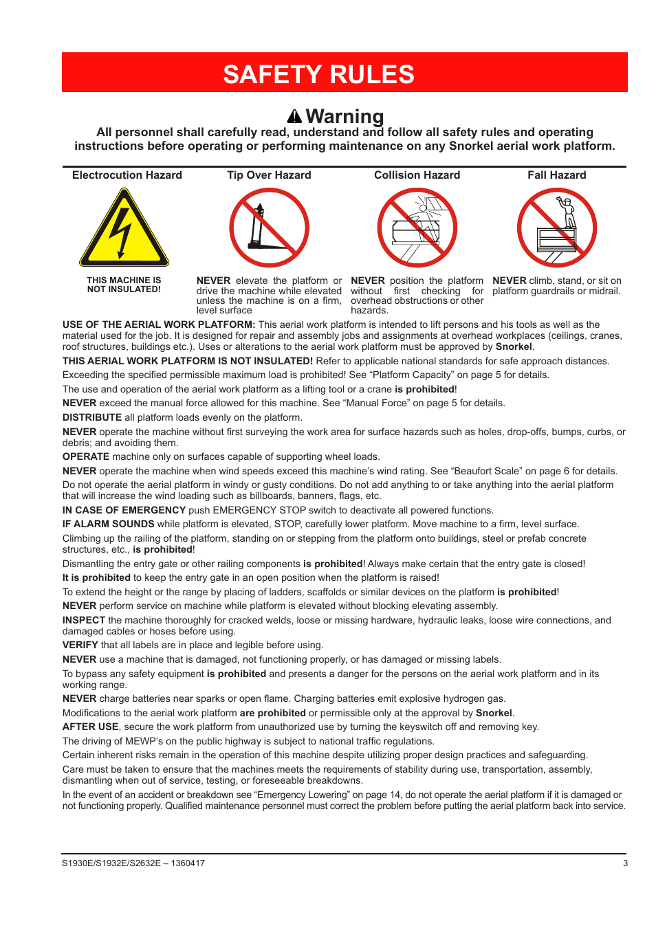 Safety rules, Warning | Snorkel S2632E-sn000001 User Manual | Page 5 / 26