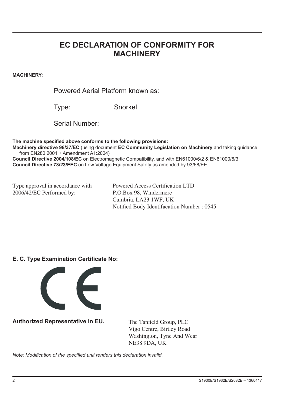 Ec declaration of conformity for machinery | Snorkel S2632E-sn000000 User Manual | Page 4 / 26