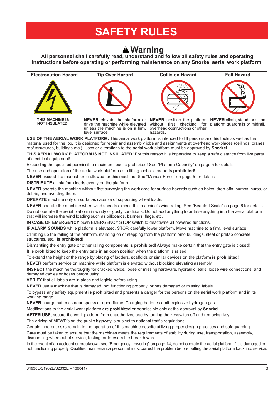 Safety rules, Warning | Snorkel S2632E-sn000000 User Manual | Page 5 / 26