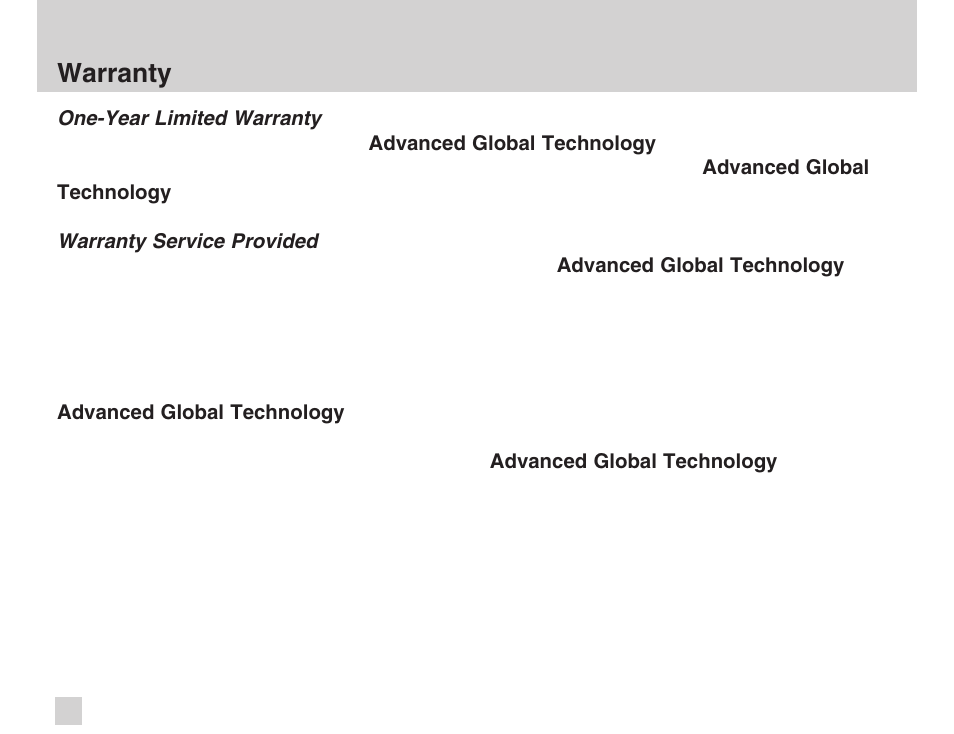 Warranty | Advanced Global Technology AGT HD Pulse HDT200 User Manual | Page 30 / 36