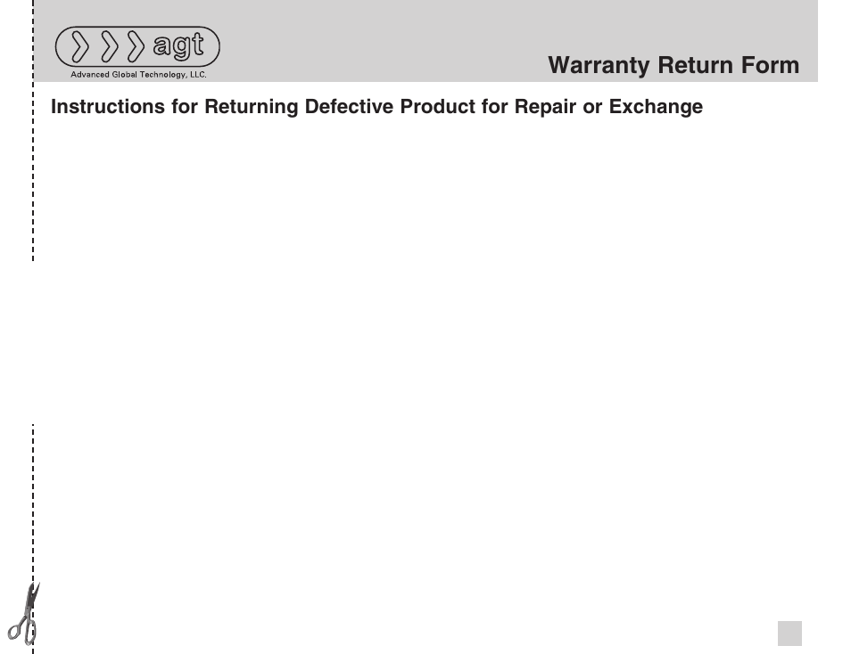 Warranty return form | Advanced Global Technology AGT HD Pulse HDT200 User Manual | Page 33 / 36