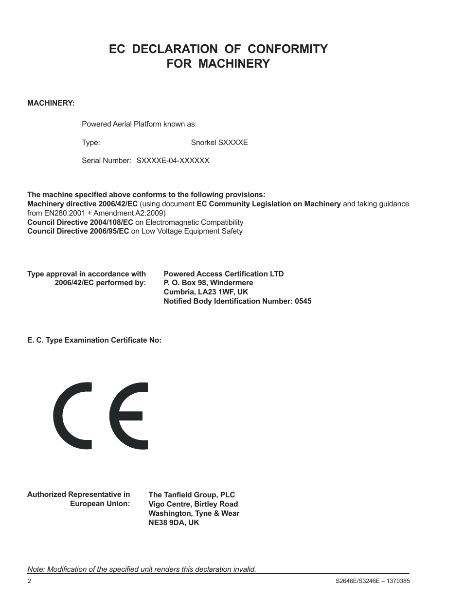 Ec declaration of conformity for machinery | Snorkel S3246E User Manual | Page 4 / 26
