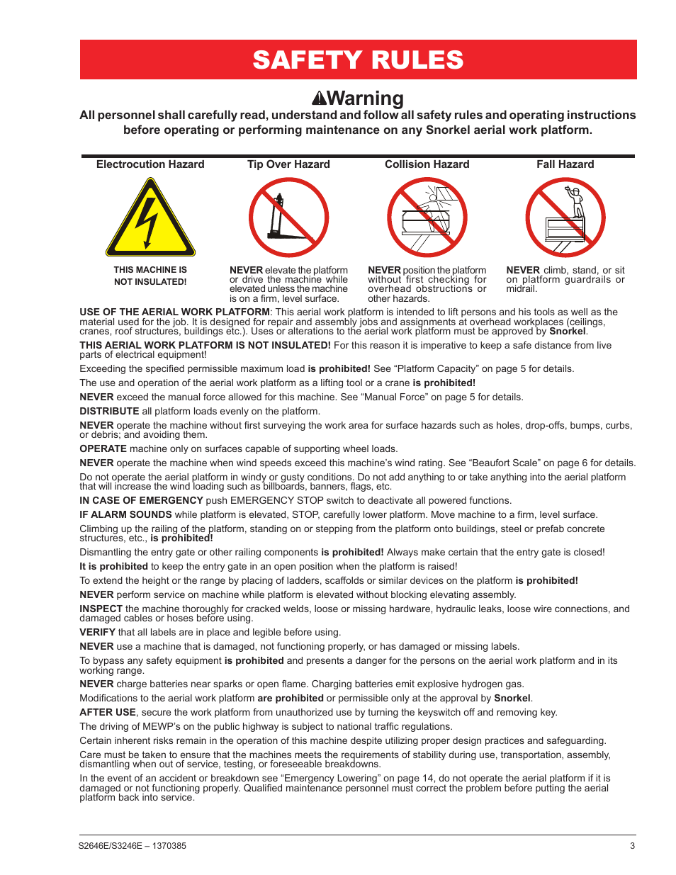 Safety rules, Warning | Snorkel S3246E User Manual | Page 5 / 26