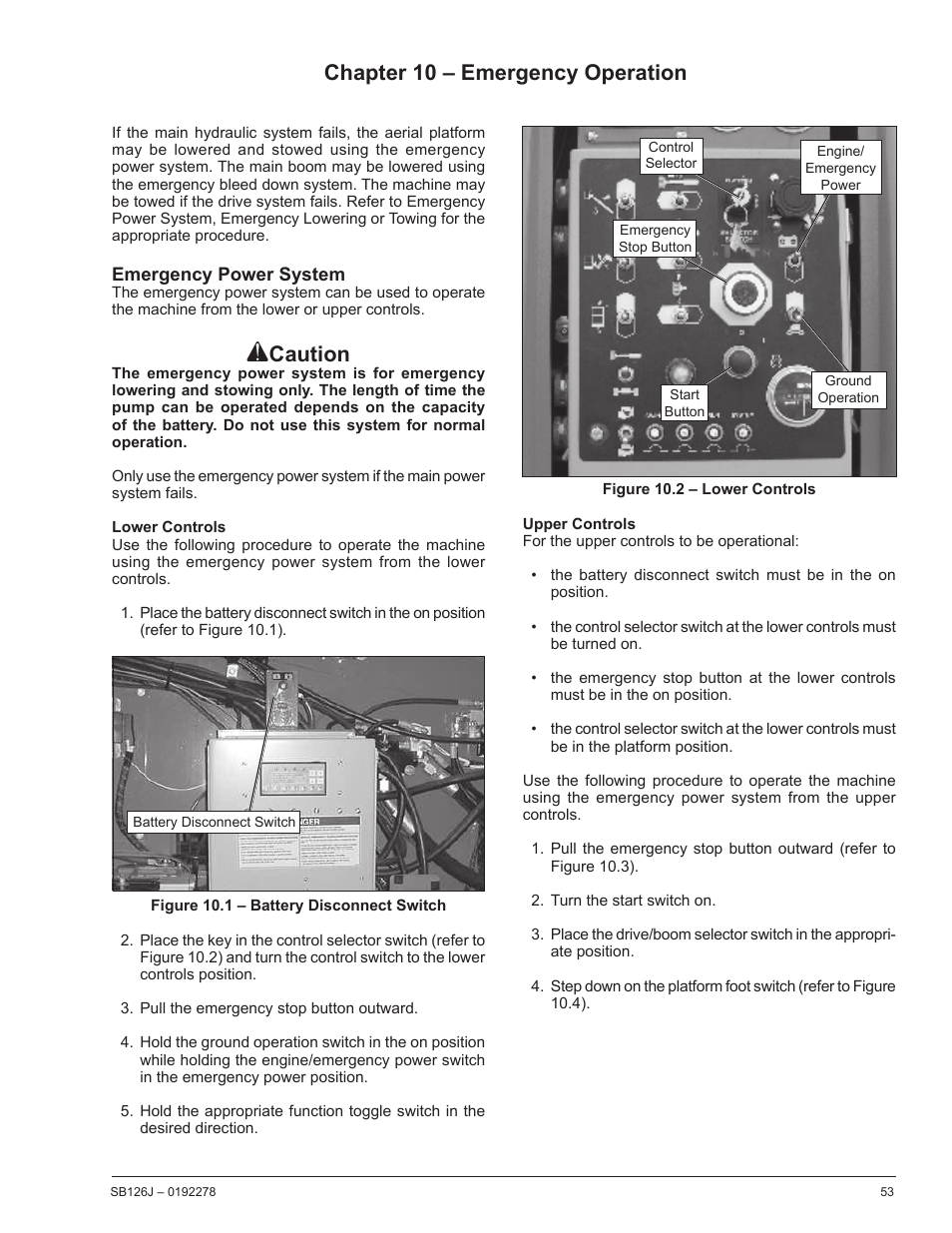 Caution, Chapter 10 – emergency operation | Snorkel SB126J User Manual | Page 59 / 72