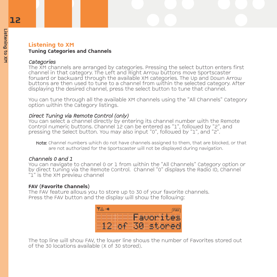 Operation, Tuning categories and channels, Categories | Direct tuning (remote control only), Channels 0 and 1, Fav (favorite channels), Listening to xm | Advanced Global Technology RR101 User Manual | Page 12 / 33