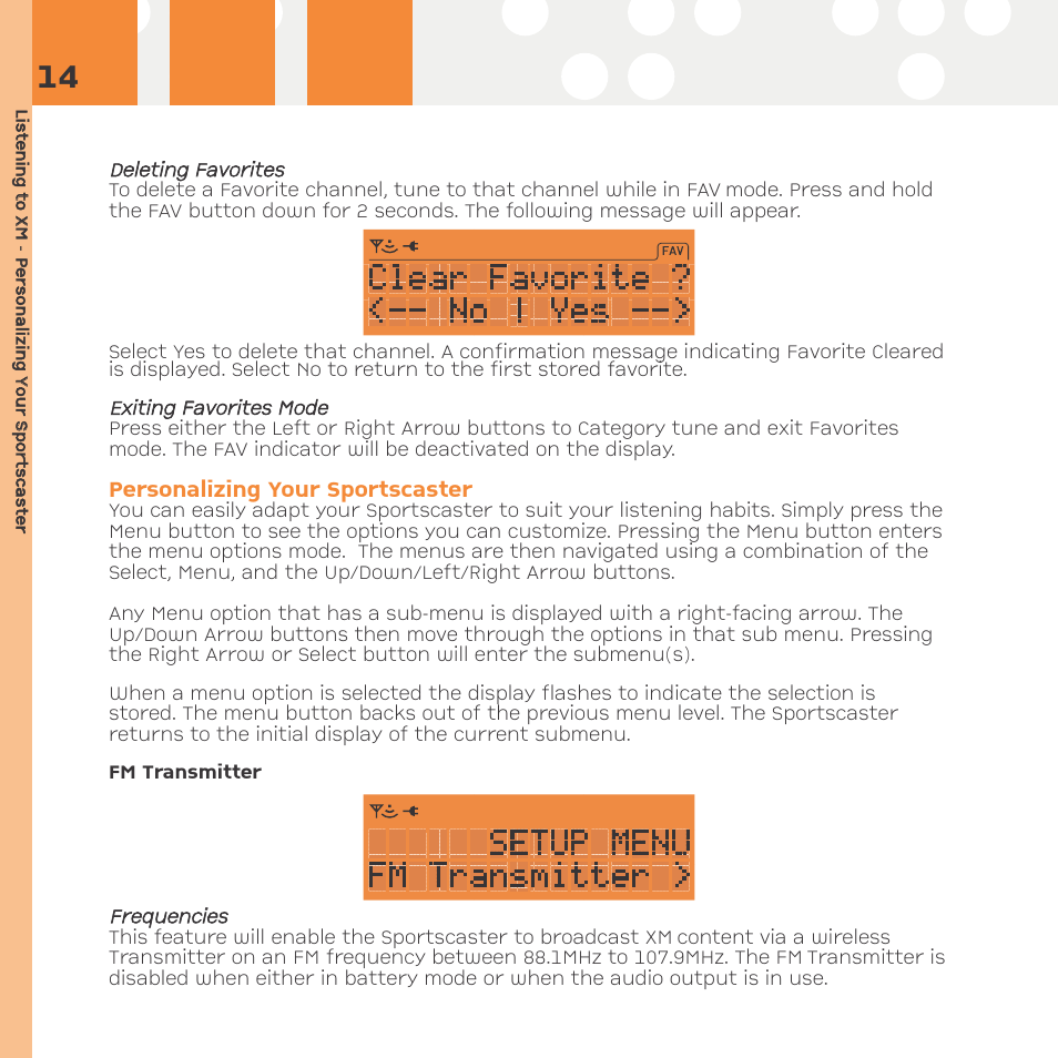 Deleting favorites, Exiting favorites mode, Personalizing the sportscaster | Fm transmitter, Personalizing your sportscaster | Advanced Global Technology RR101 User Manual | Page 14 / 33