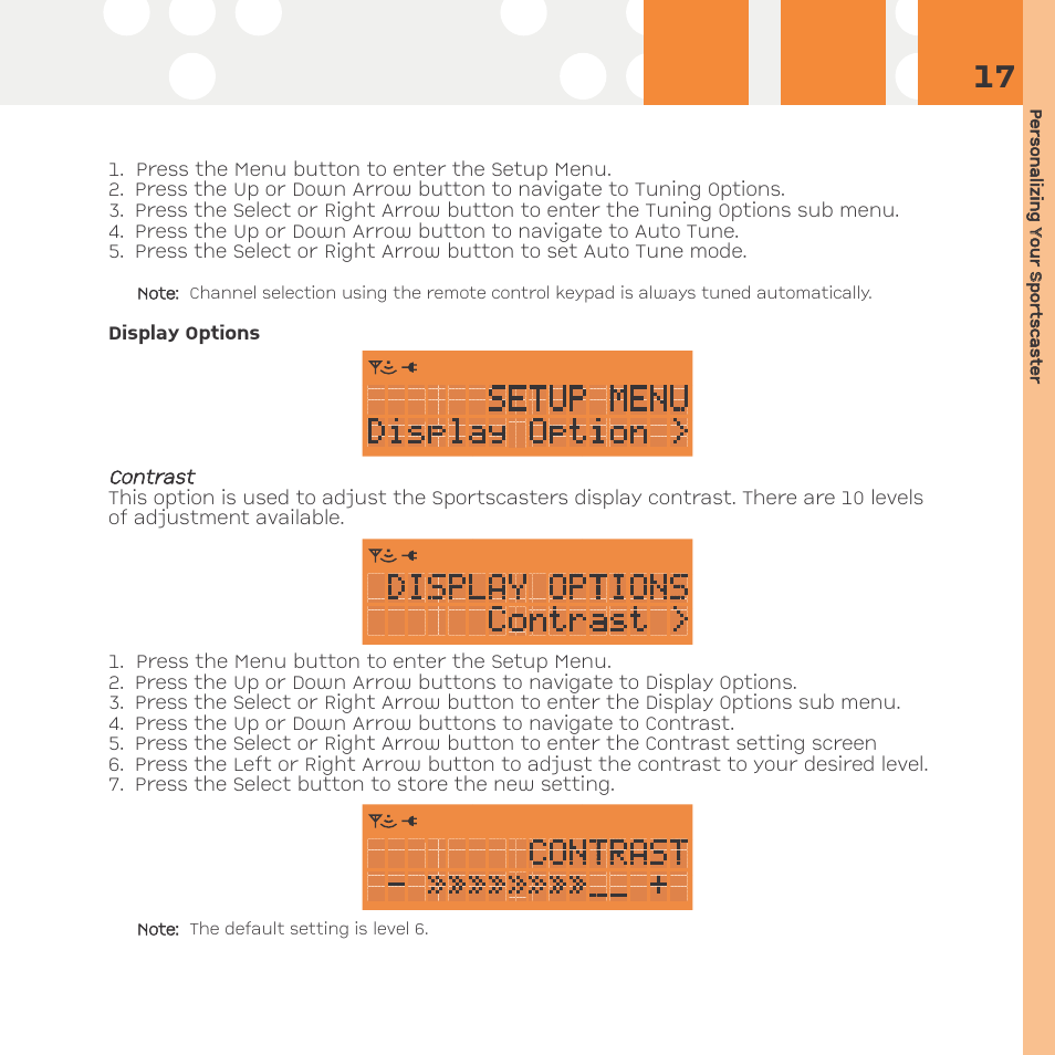 Display options, Contrast | Advanced Global Technology RR101 User Manual | Page 17 / 33