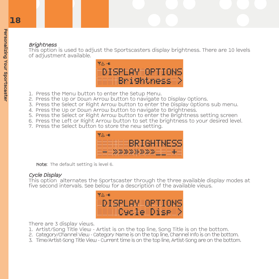Brightness, Cycle display | Advanced Global Technology RR101 User Manual | Page 18 / 33