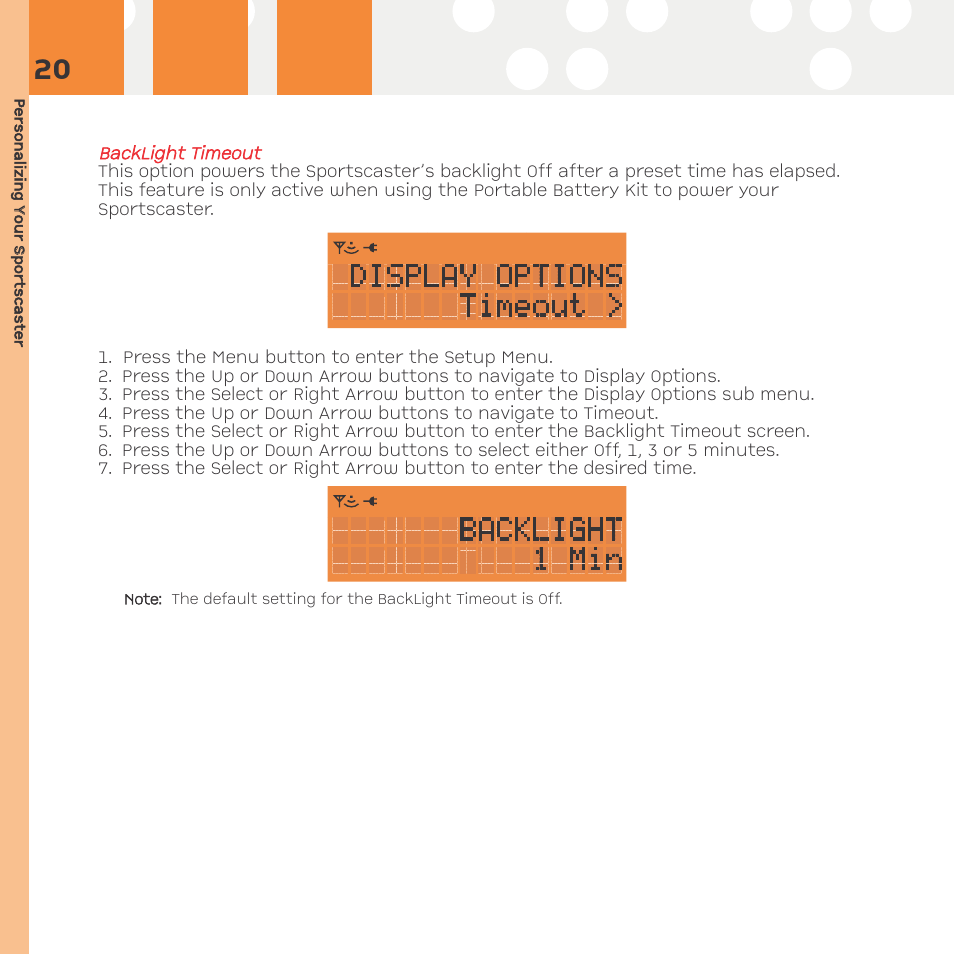 Backlight timeout | Advanced Global Technology RR101 User Manual | Page 20 / 33