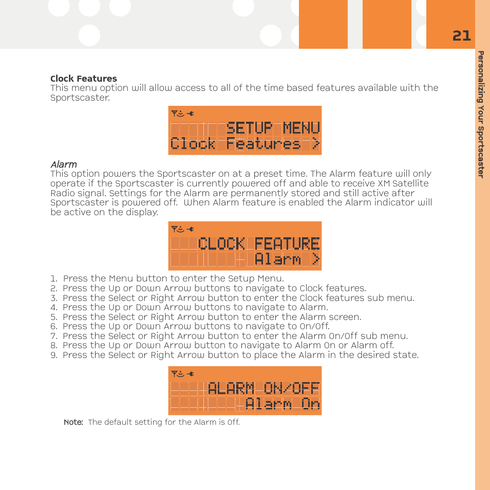 Clock features, Alarm | Advanced Global Technology RR101 User Manual | Page 21 / 33