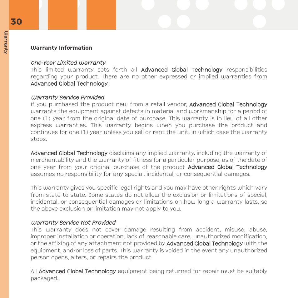 Warranty | Advanced Global Technology RR101 User Manual | Page 30 / 33