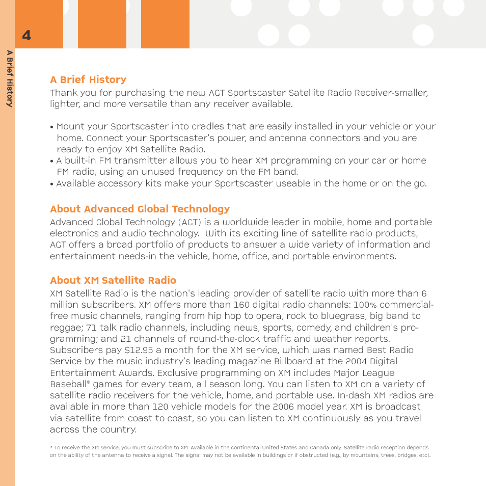 A brief history, About advanced global technology, About xm satellite radio | Advanced Global Technology RR101 User Manual | Page 4 / 33