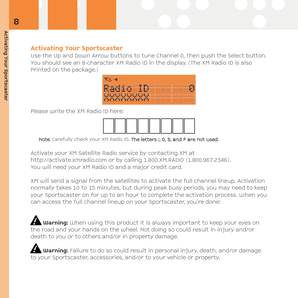 Activating the sportscaster, Displaying xm id, Activating your sportscaster | Advanced Global Technology RR101 User Manual | Page 8 / 33