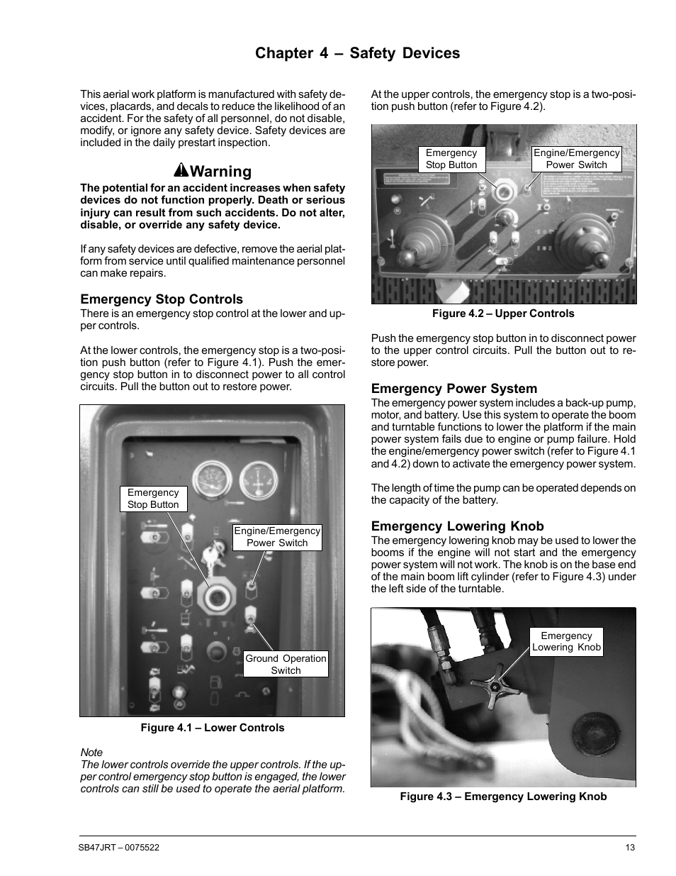 Warning, Chapter 4 – safety devices | Snorkel SB47JRT User Manual | Page 19 / 68