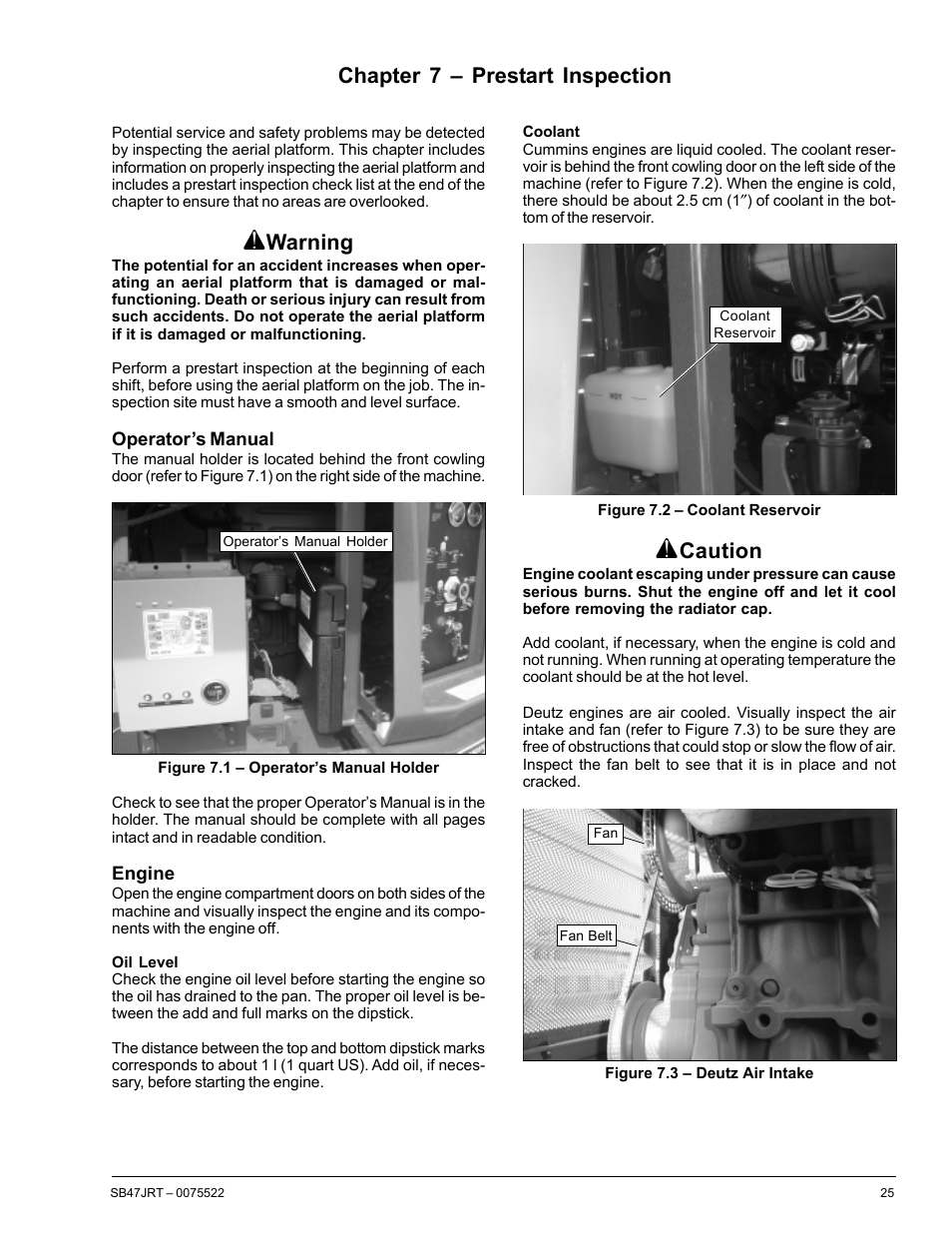 Chapter 7 – prestart inspection, Warning, Caution | Snorkel SB47JRT User Manual | Page 31 / 68