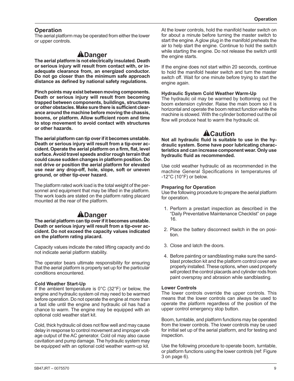 Operation, Cold weather start-up, Hydraulic system cold weather warm-up | Preparing for operation, Lower controls, Danger, Caution | Snorkel SB47JRT-sn10000+ User Manual | Page 11 / 24