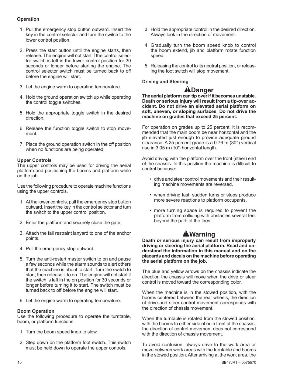 Upper controls, Boom operation, Driving and steering | Danger, Warning | Snorkel SB47JRT-sn10000+ User Manual | Page 12 / 24