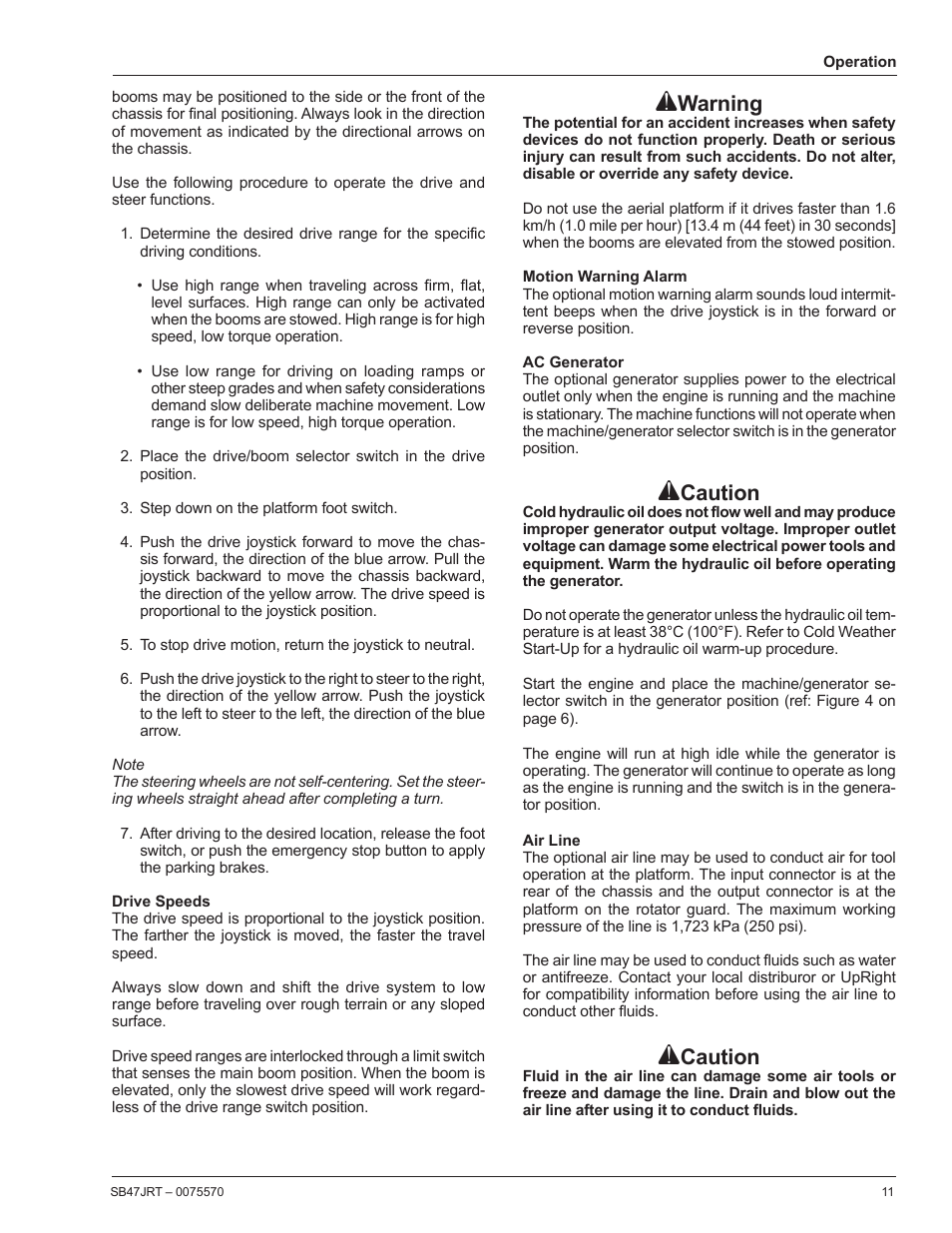 Drive speeds, Motion warning alarm, Ac generator | Air line, Warning, Caution | Snorkel SB47JRT-sn10000+ User Manual | Page 13 / 24